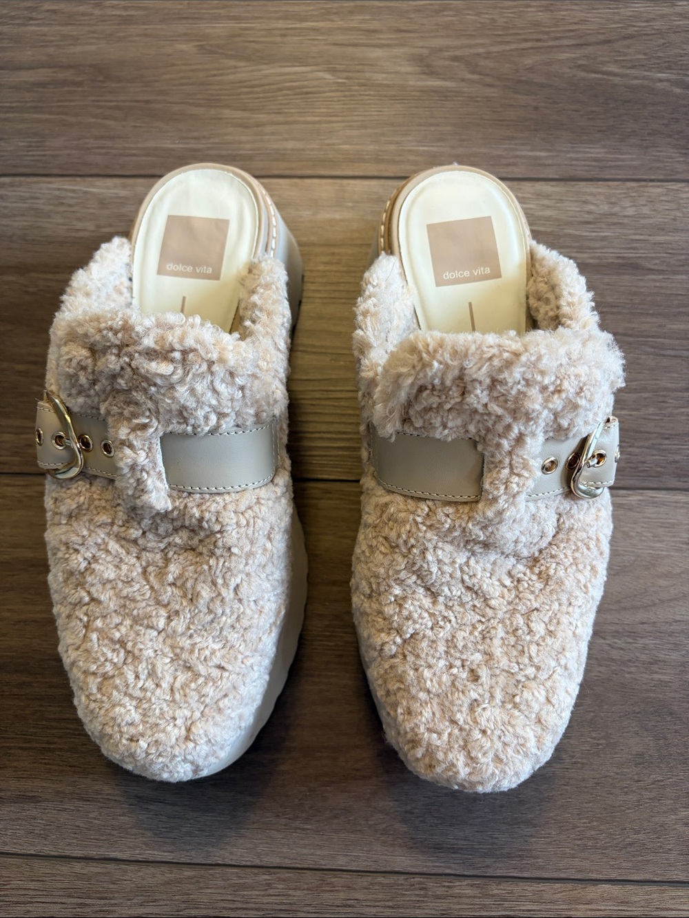 Dolce Vita Cream Faux Shearling Buckle Clog Mules